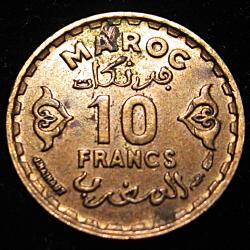 Maroc piece de 10 francs  1952 ttb "empire cherifien" diametre 20 mm