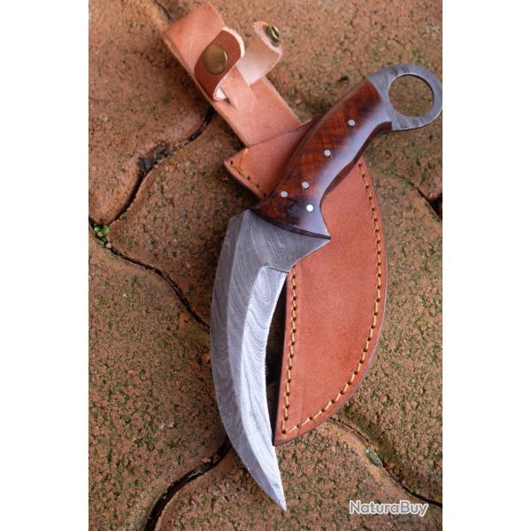 Couteau Karambit Lame Acier Damas 256 Couches Manche Bois de Rose Etui Cuir Fabr Artisanale