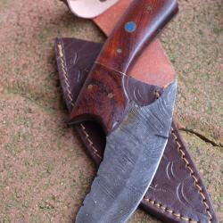 Couteau d'Esquimau Inuit Ulu Lame Acier Damas 256 Couches Manche Bois Etui Cuir Fabric Artisanale