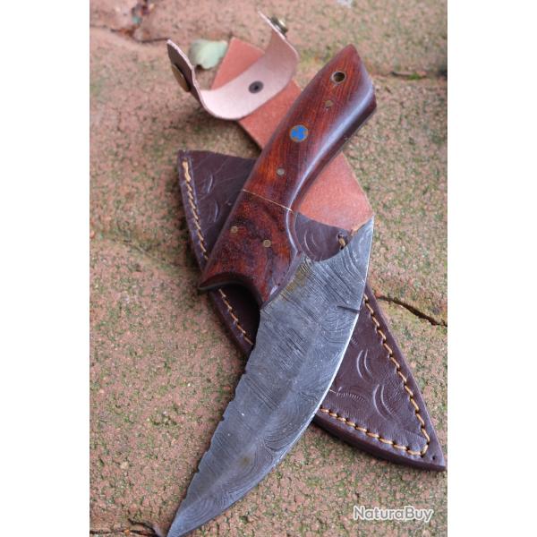 Couteau d'Esquimau Inuit Ulu Lame Acier Damas 256 Couches Manche Bois Etui Cuir Fabric Artisanale