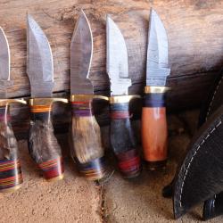 LOT DE 5 Couteau Skinner Damas Lame 256 Couches Manche Corne/Os Fab Artisanale Etui Cuir