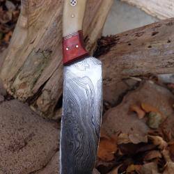 Couteau De Cuisine de Chef Lame Acier Damas 256 Couches Manche Os & Bois Fabrication Artisanale