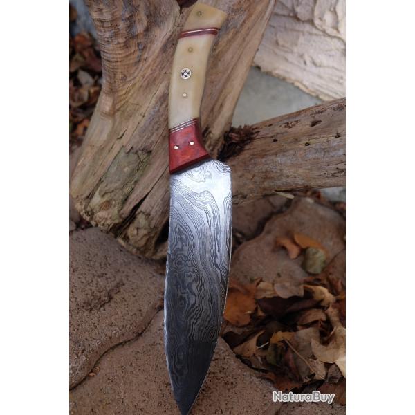 Couteau De Cuisine de Chef Lame Acier Damas 256 Couches Manche Os & Bois Fabrication Artisanale