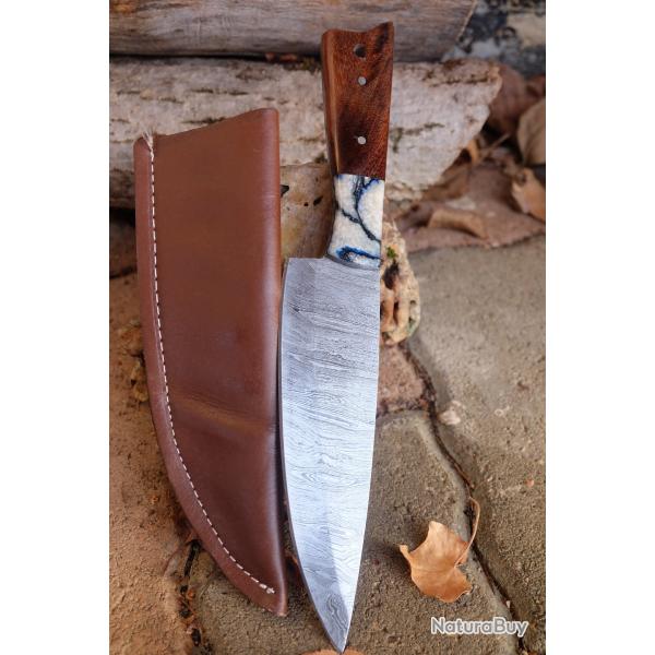 Skinner Couteau de Rando Cuisine Damas Lame 256 Couches Manche Bois/R�sine Fab Artisanale Etui Cuir