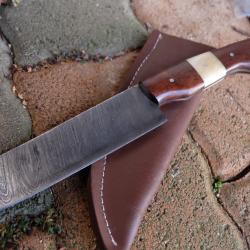 Couteau de Chasse Rando Damas Lame Tanto Reverse 256 Couches Manche Bois/OS Fabr Artisanat Etui Cuir