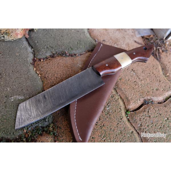 Couteau de Chasse Rando Damas Lame Tanto Reverse 256 Couches Manche Bois/OS Fabr Artisanat Etui Cuir