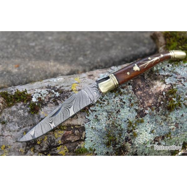 Couteau Damas Lame 128 couches Fa�on Laguiole Abeille Manche Bois Fleur Laiton Fabric Artisanale 000