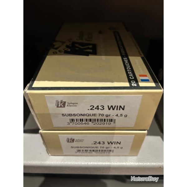Munitions 243 win subsoniques 70gr. 4,5g x 20 ou 40