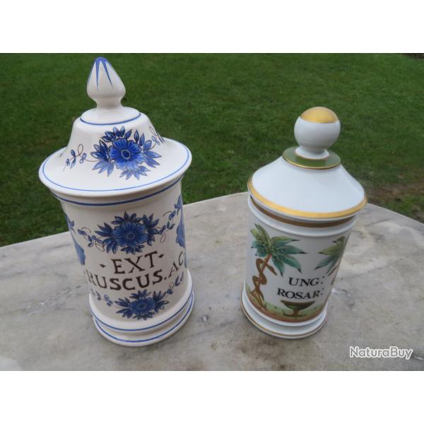DUO d'ancien grand pot a Pharmacie/Apothicaire en porcelaine polychrome - FRANCE (Vers 1950-60)