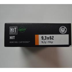 1 BOITE DE 20 MUNITIONS RWS CALIBRE 9.3X62  HITGREEN 16.2G/250 GR NEUVE