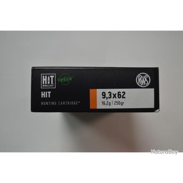 1 BOITE DE 20 MUNITIONS RWS CALIBRE 9.3X62  HITGREEN 16.2G/250 GR NEUVE