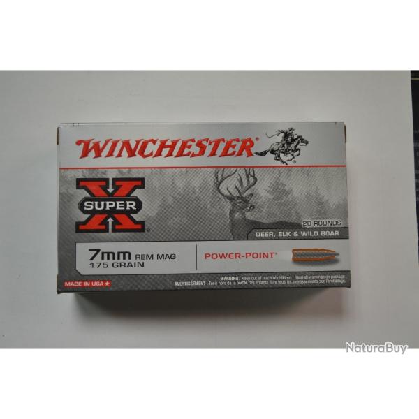 1 BOITE DE 20 MUNITIONS WINCHESTER CALIBRE 7 RM 175 GR/11.3G  POWER POINT NEUVE