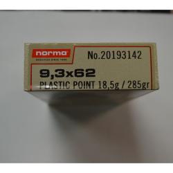1 BOITE  DE 20 MUNITIONS NORMA CALIBRE 9.3X62 PLASTIC POINT 18.5G / 285 GR NEUVE