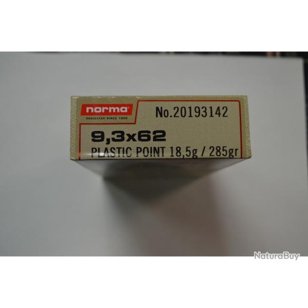 1 BOITE  DE 20 MUNITIONS NORMA CALIBRE 9.3X62 PLASTIC POINT 18.5G / 285 GR NEUVE
