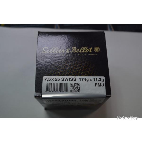 1 BOITE DE 50 MUNITIONS SELLIER ET BELLOT CALIBRE 7.5X55 SWISS FMJ 174GR/11.3G NEUVE
