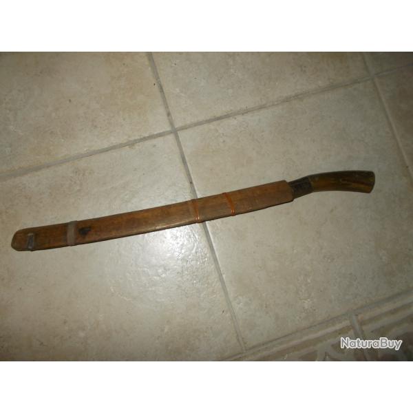 ancienne machette indochine iles coupe coupe lame decor grav� manche corne etui bois vintage