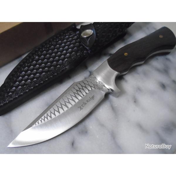 Elk Ridge - Couteau de chasse Lame Drop Point Acier Inoxydable Manche Bois Etui Cuir