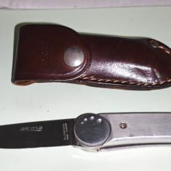 Couteau de poche Florinox Akma Design France - Aluminium bross&eacute; - bon &eacute;tat+ &eacute;tui cuir