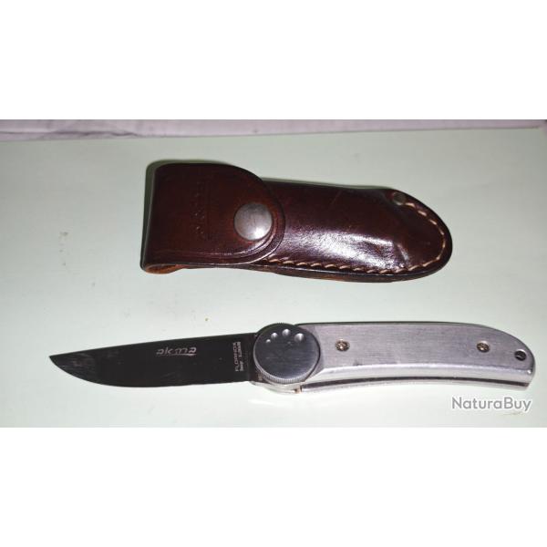 Couteau de poche Florinox Akma Design France - Aluminium bross� - bon �tat+ �tui cuir