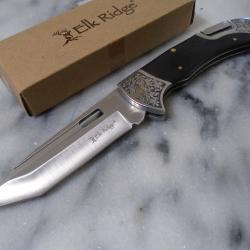 Elk Ridge - Couteau de poche Lame Tanto Acier 3Cr13 Manche Pakkawood Marron Lockback