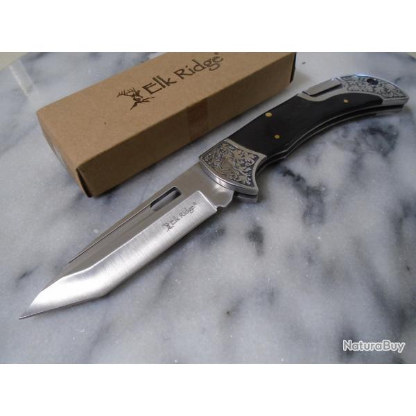 Elk Ridge - Couteau de poche Lame Tanto Acier 3Cr13 Manche Pakkawood Marron Lockback