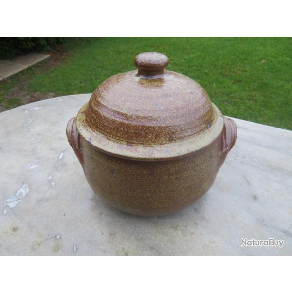 VINTAGE - Ancien grand pot couvert en gr�s pyrit� artisanal - FRANCE (Vers 1960)