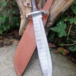 Poignard XXL Couteau Damas Lame 256 Couches Drop Point Manche 2 Bois Fabr Artisanale Etui Cuir
