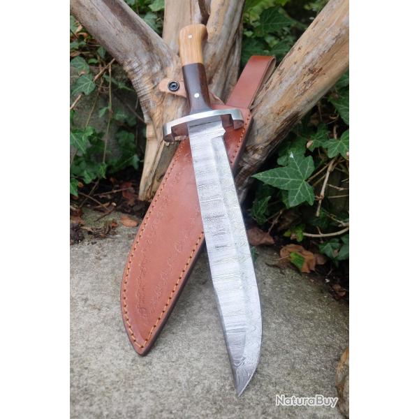 Poignard XXL Couteau Damas Lame 256 Couches Drop Point Manche 2 Bois Fabr Artisanale Etui Cuir