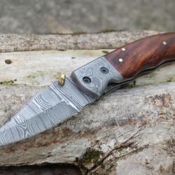 Beau Couteau Damas Lame 128 Couches Manche Bois Mitres Damas Fab Artisanale Linerlock