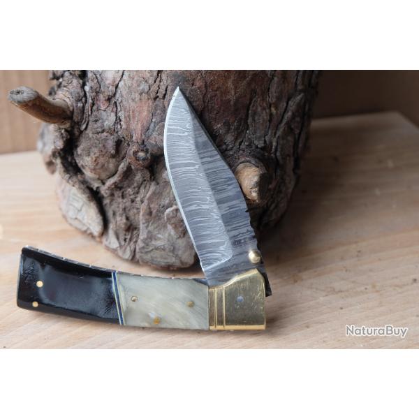 Beau Couteau Damas Lame Drop Point 128 Couches Manche B�lier & R�sine Fabric Artisanale Linerlock 00