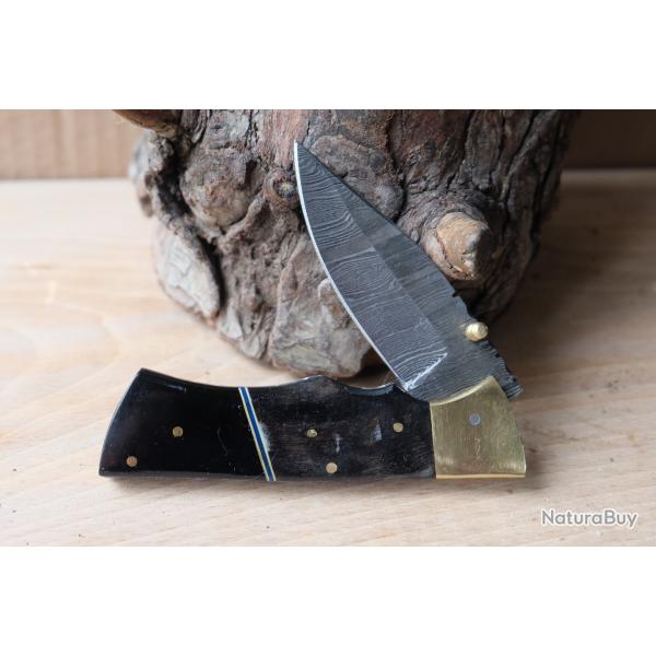 Beau Couteau Damas Lame Drop Point 128 Couches Manche B�lier & R�sine Fabric Artisanale Linerlock 03