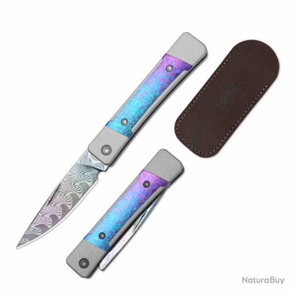Couteau Kizer Little Grand Lame Acier Damas Manche Aluminium Crystallized Titane Slip Joint KI2670A4