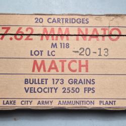une rare boite vide   de 7.62 Nato Match M 118 des ann&eacute;es 70/1971 Lake city, cloisonn&eacute;e TBE