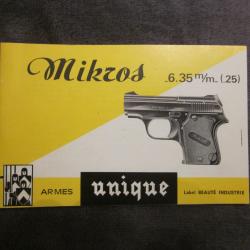 Notice d'origine pistolet Unique Micros cal 6,35 mm - 25 acp