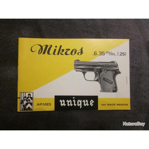 Notice d'origine pistolet Unique Micros cal 6,35 mm - 25 acp