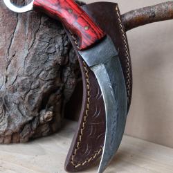 Couteau Karambit Lame Acier Damas 256 Couches Manche Bois Rubis Etui Cuir Fabrication Artisanale