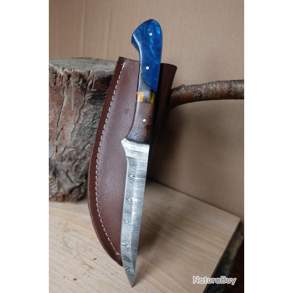 Skinner Couteau de Rando Cuisine Damas Lame 256 Couches Manche Bois Fabric Artisanale Etui Cuir 01