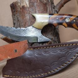 Couteau d'Esquimau Inuit Ulu Lame Acier Damas 256 Couches Manche Bois/Os Etui Cuir Fab Artisanale