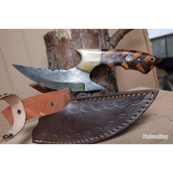 Couteau d'Esquimau Inuit Ulu Lame Acier Damas 256 Couches Manche Bois/Os Etui Cuir Fab Artisanale