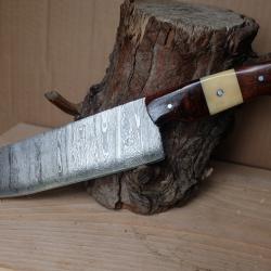 Couteau De Cuisine Style Japonais Lame Acier Damas 256 Couches Manche Bois & Os Fabric Artisanale