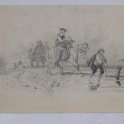 Dessin original Sc&egrave;ne de passage &agrave; gu&eacute; Cheval XIXe si&egrave;cle