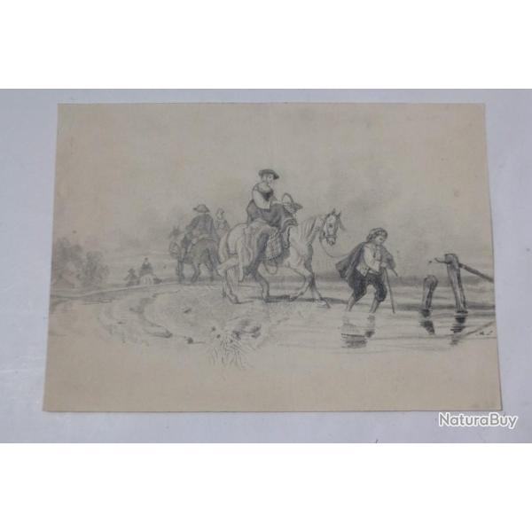 Dessin original Sc�ne de passage � gu� Cheval XIXe si�cle