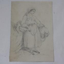 Dessin original Femme Paysanne au linge XIXe si&egrave;cle