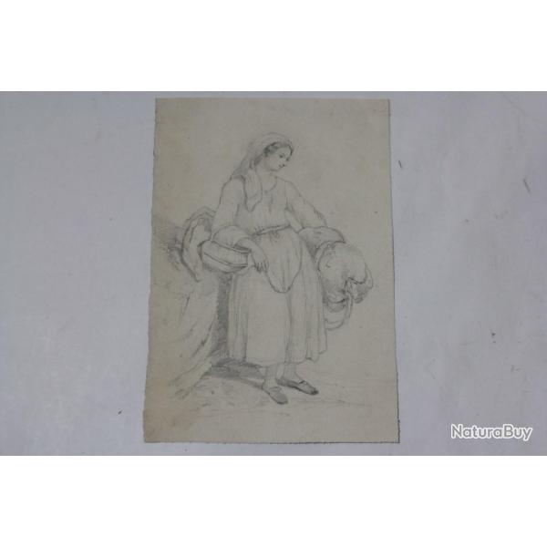 Dessin original Femme Paysanne au linge XIXe si�cle