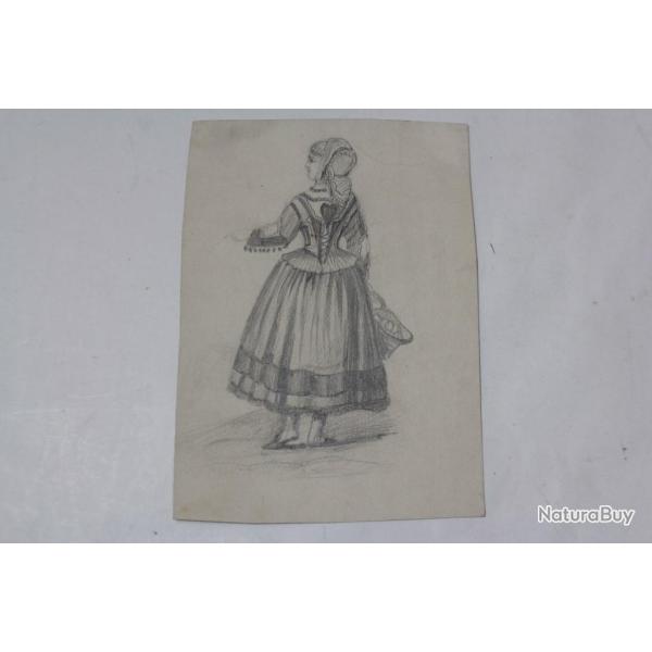 Dessin original Femme costume traditionnel r�gional XIXe si�cle