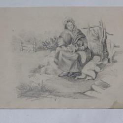 Dessin original Sc&egrave;ne rurale Paysanne et enfant XIXe si&egrave;cle