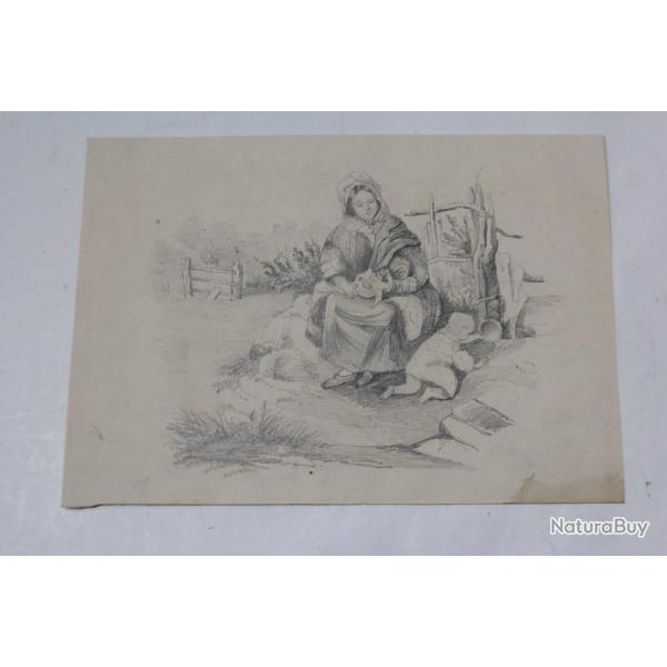 Dessin original Sc�ne rurale Paysanne et enfant XIXe si�cle