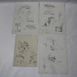 Dessins originaux &Eacute;tude architecture rurale chevaux XIXe si&egrave;cle
