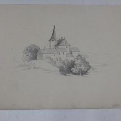 Dessin original Ch&acirc;teau La C&ocirc;te Vaud Suisse XIXe si&egrave;cle