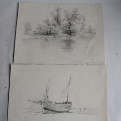 Dessins originaux Bateau Paysage Marguerite Hornung XIXe si&egrave;cle